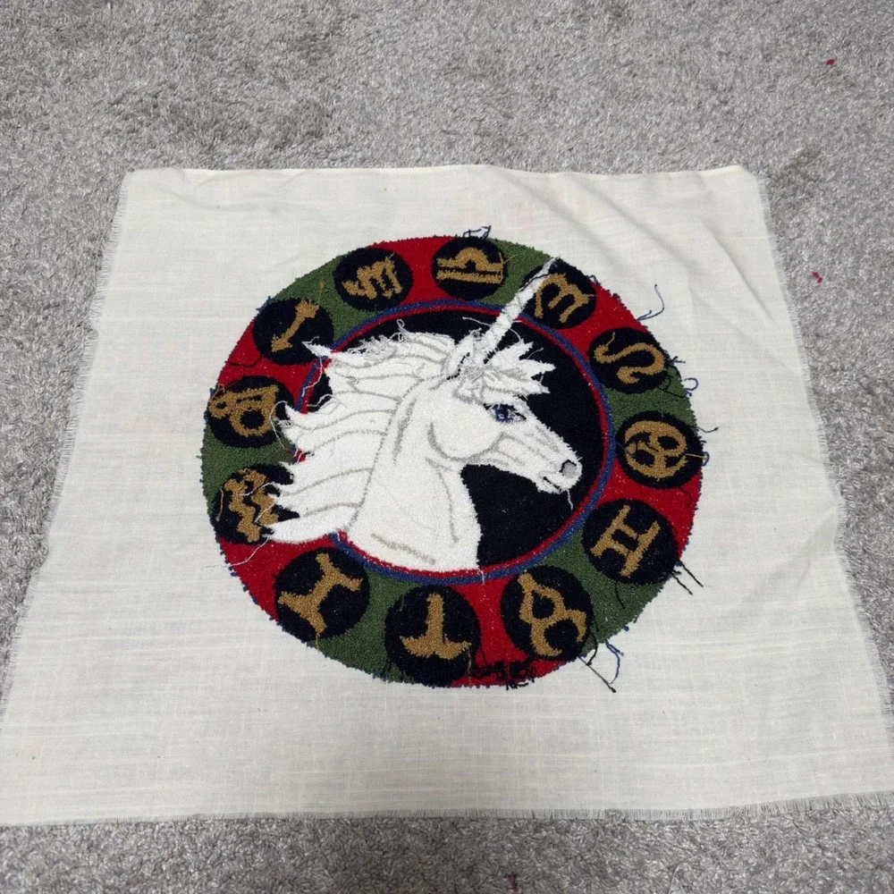 VTG 1981 Crewel Punch Needle Zodiac Unicorn Art OS Cream Astrology Celestial